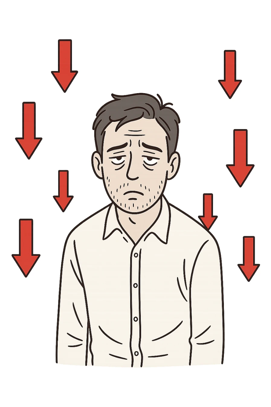  un uomo con espressione affaticata, circondato da frecce rosse in basso sticker
