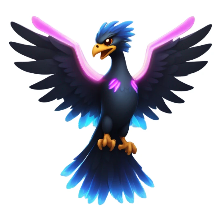 Cartoon-style black phoenix, shoulder-up, aggressive expression, dark muted colors, holding glowing neon light sticks (blue and pink) in wings, party theme, optimized for Twitch emote sizes, no background sticker