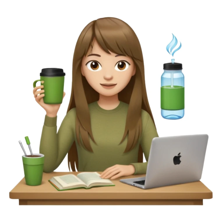 a designer with light skin long brown hair bangs waving, stack of books, coffee cup on top, water bottle, computer, matcha, no glasses sticker