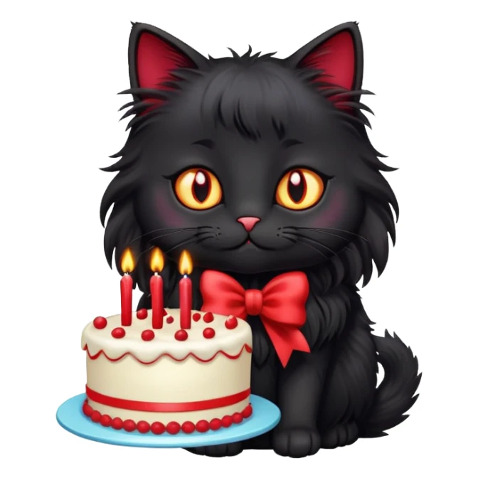 Long haired black cat with birthday cake sticker
