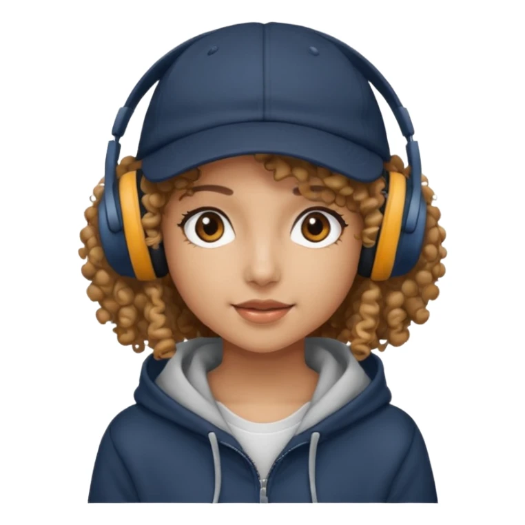 curly haired with headphones in and hoddie girls with cap sticker