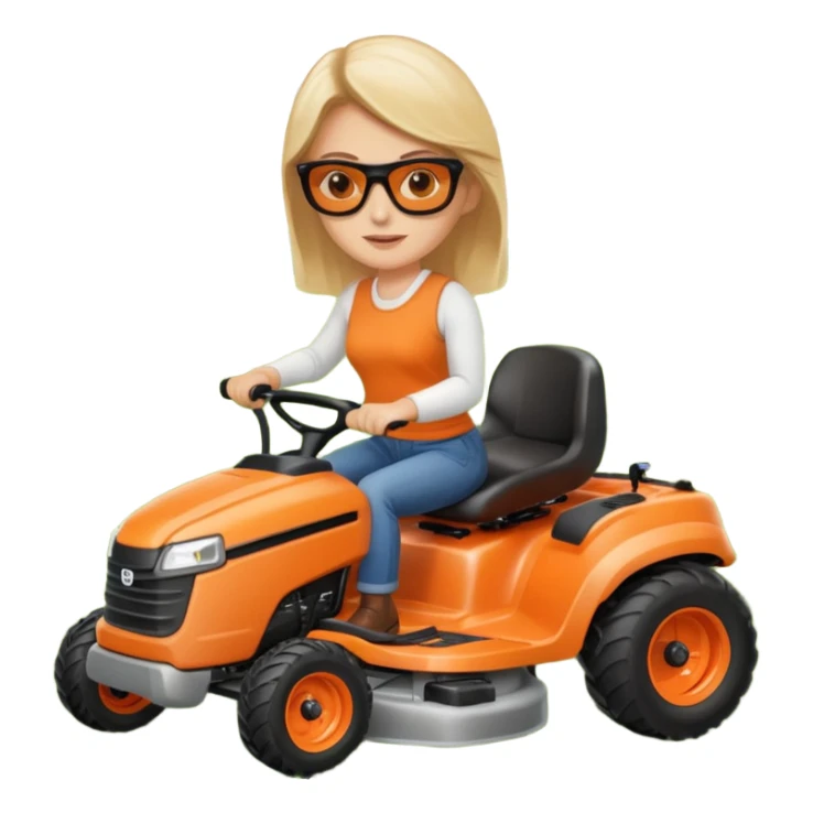 White woman on orange ride on lawn mower cutting lawn sticker