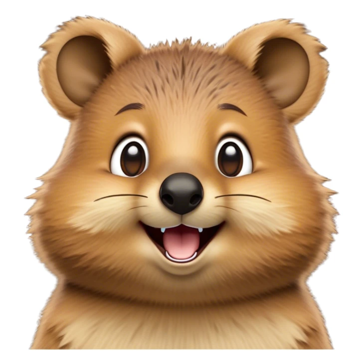 Cinematic Comical Quokka Portrait Emoji, Head tilted dramatically with an exaggeratedly amused expression, featuring a quirky, fluffy brown fur with a wide, playful grin and expressive eyes filled with humorous disbelief, Simplified yet hilariously expressive features, highly detailed, glowing with a slightly sassy glow, high shine, dramatic yet playful, stylized with an air of cheeky marsupial mischief, bright and endearing, soft glowing outline, capturing the essence of a spirited and over‐the‐top quokka, so meme‐worthy it feels like it could beam its way into internet fame instantly! sticker