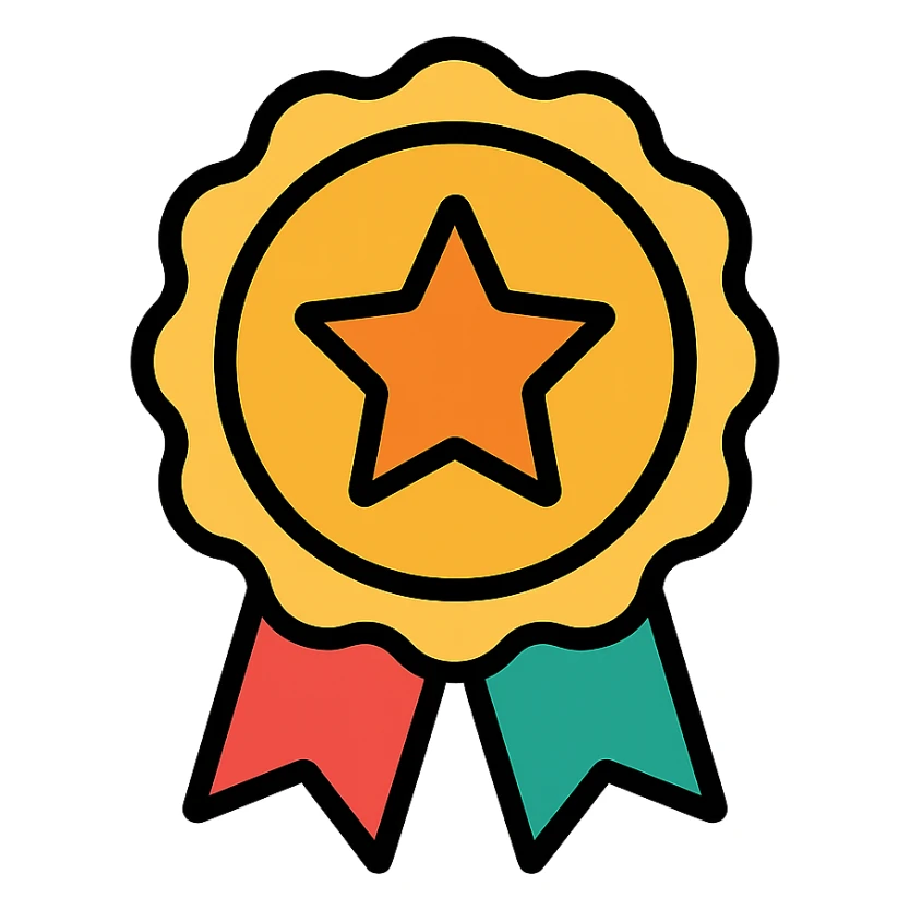 vector icon of a gold performance badge with colorful elements, elegant minimalist flat design, award badge style, 2D flat vector, trending icon look, soft shadows, no text, commercial use, isolated on white background sticker