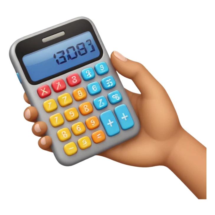 3D iPhone style emoji of a person using a calculator, finger pressing colorful buttons, digital display showing numbers, isolated on white background, soft shadows, high detail, playful and cute. sticker