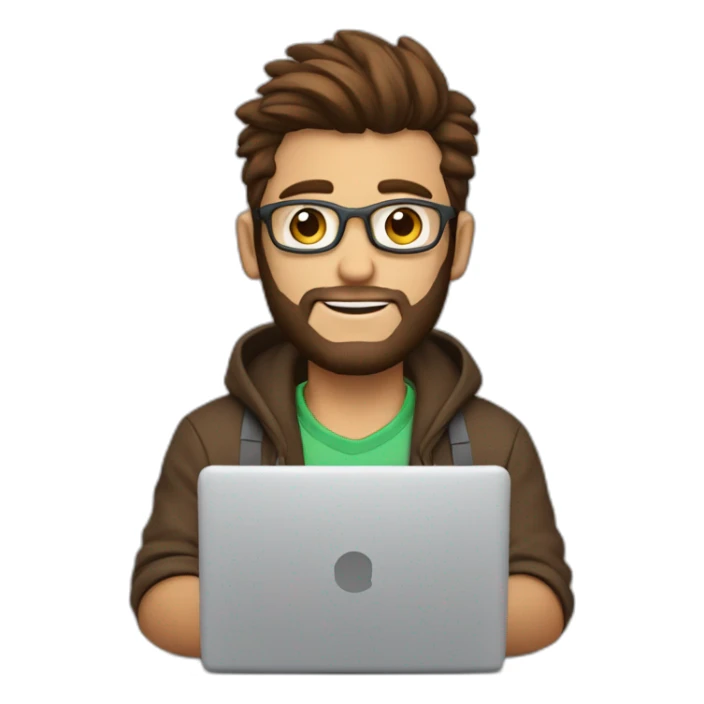 Cute programmer on his laptop looking front with a brown quiff as a hair and brown eyed with a bit of a beard sticker