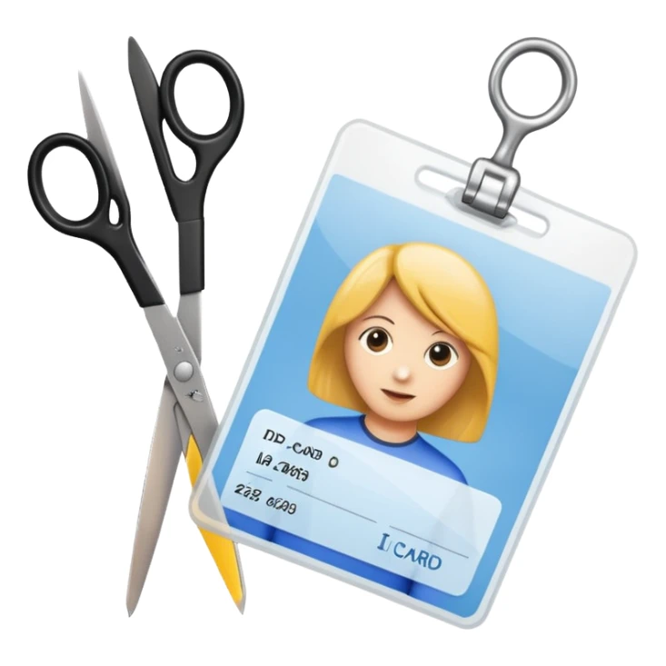 Scissors cutting ID card in 2 parts. Realistic sticker