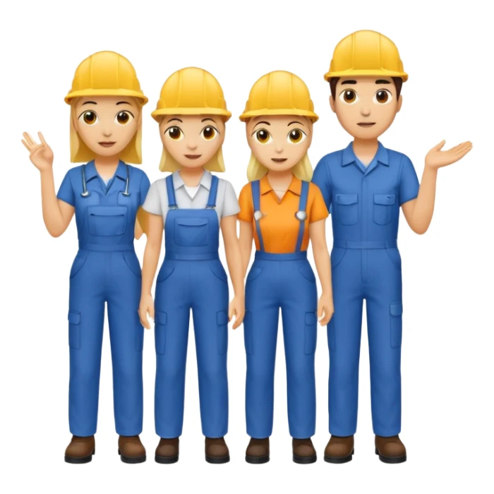 4 people, two man and two women,yellow skin, work style sticker