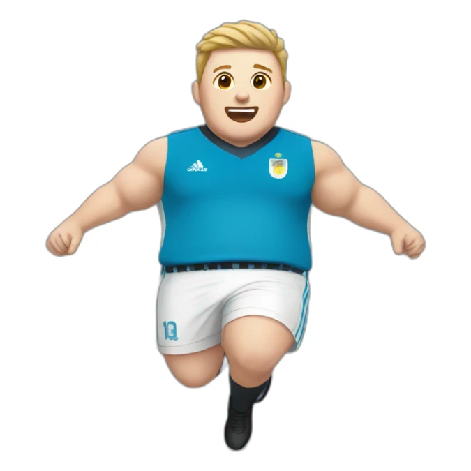 Short hair, obese white man jumping. argentina team uniform.  sticker