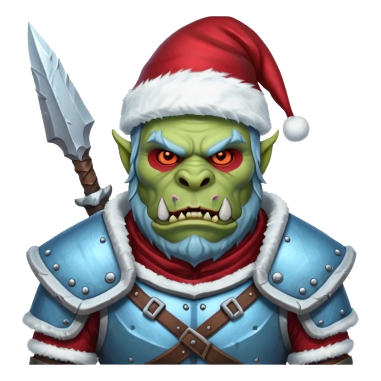 
Fantasy Christmas orc legion soldier icon, iron tundra army theme, heavy winter armor, disciplined brutal look, icy blue steel armor with deep crimson accents, frozen metal texture, cold winter atmosphere, male variant sticker