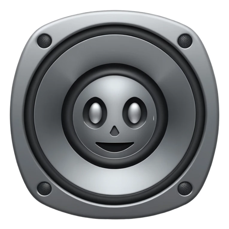 Minimal emoji icon of a modern metallic speaker, front view, detailed geometry, dark metallic body, subtle highlights, isolated sticker