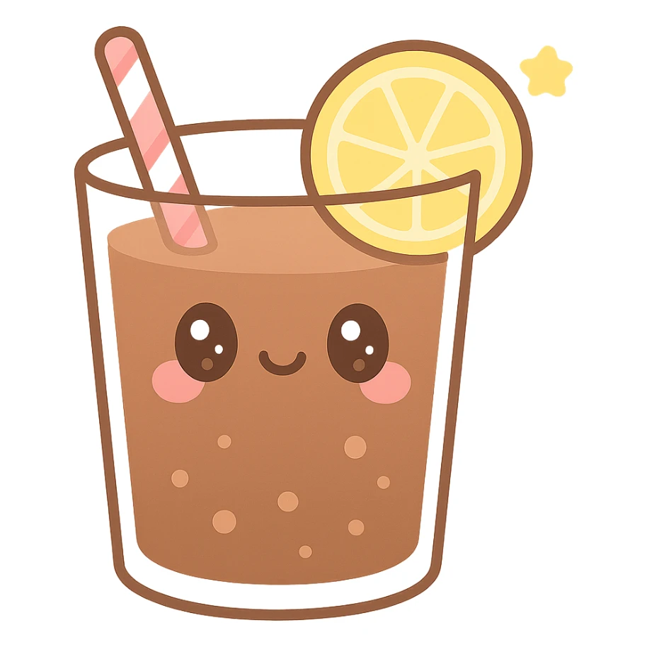 cola with straw and lemon slice, playful, kawaii style sticker