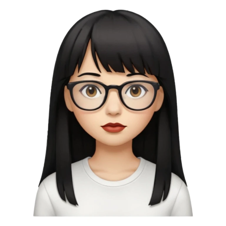 uma mulher snapchat icon, cor da pele normal, cabelo preto liso solto grande com franja, óculos pretos, com piercing na boca e nariz, olhos castanhos, camisa branca sticker