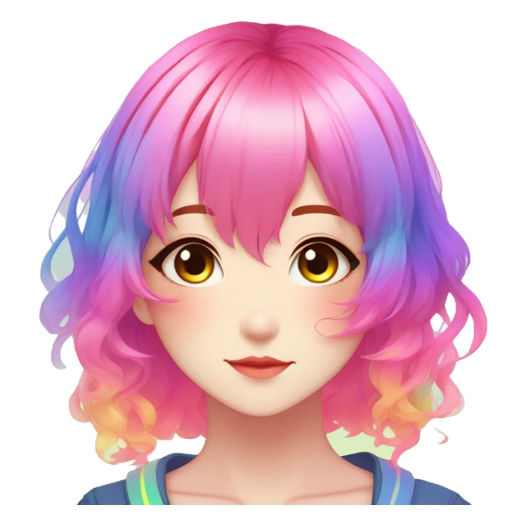 Gorgeous anime style shojo character with blushing face aesthetic and pretty colorful shiny gradient neon rainbow hair with hair garment trending style sticker