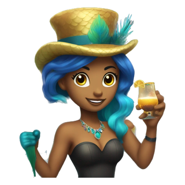 mermaid with peacock feathers for a tail and a toast face and a top hat and a pickaxe in her hand and in her other hand put in a claw machine sticker