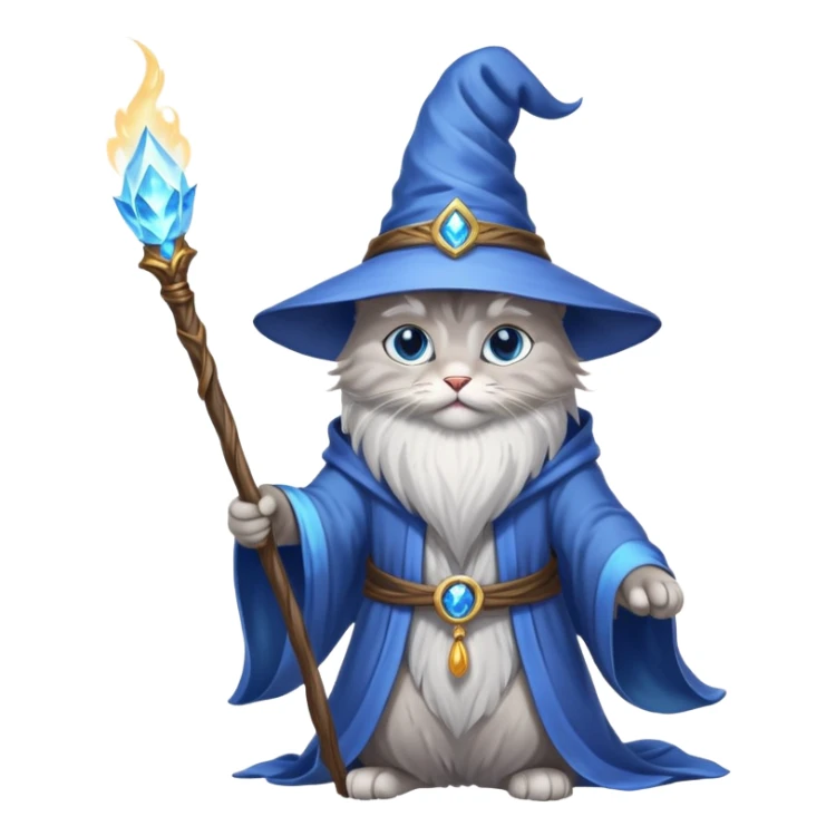 A cat wizard casting a spell with magical staff and flowing robes sticker