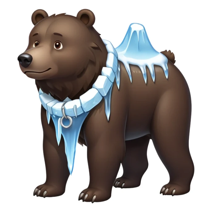 Realistic dark brown bear on four legs with a frozen ice collar that has icicles protruding downward, shaped like a large dog collar but made of crystal clear ice sticker