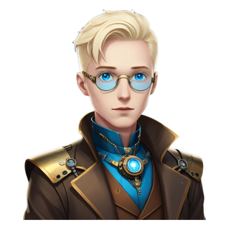 Dr. Numen Oppen is a rogue quantum physicist turned cybernetic oracle. He exudes elegance, mystery, and futuristic sophistication, standing against the neon skyline of a cyberpunk city, with striking blue eyes and a refined, brass-accented steampunk outfit.  sticker