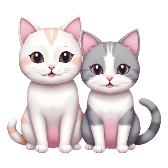 This is a simple and adorable cartoon illustration with a healing-style aesthetic. The image features two cats. The one on the bottom is round and white, with pink blush on its cheeks and a cheerful little mouth, giving it a cute expression. The cat on top is mainly gray and white. Its head, ears, back, and tail are gray, while the center of its face, around its mouth, and its chin are white. Its front paws are also mostly white, and the gray areas form a symmetrical mask-like pattern. Additionally, it has a slight pink blush on its cheeks, making it look very cute. Its expression is calm but slightly lazy. The two cats are stacked on top of each other, resting on a green cushion, creating a warm and delightful scene. sticker