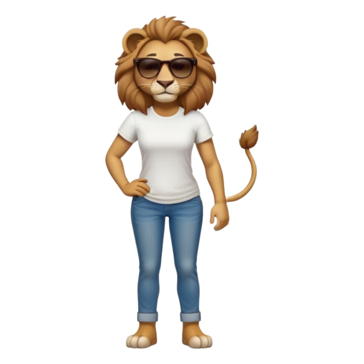 friendly anthropomorphised female lion character, full body, standing confidently with legs shoulder width apart and arms folded, wearing jeans, a white t-shirt, and dark sunglasses, with a confident smile sticker