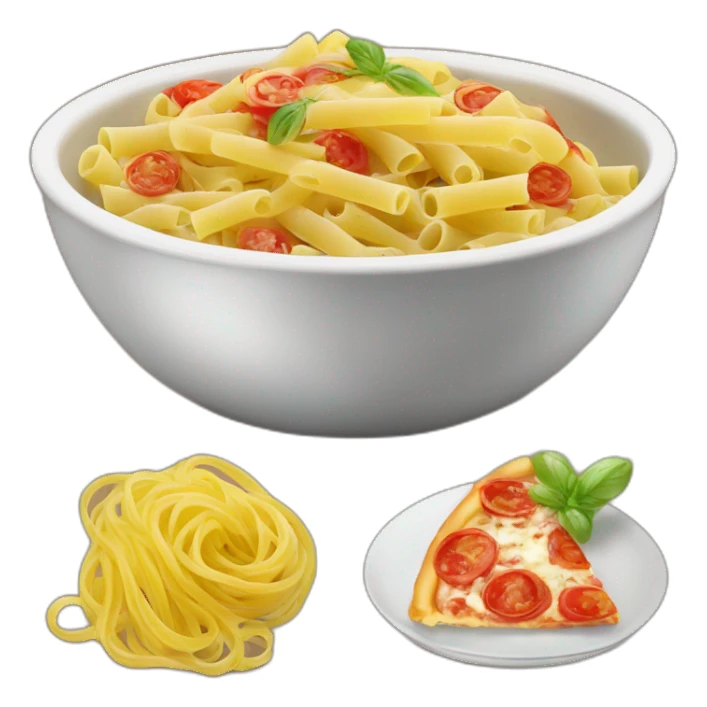 bowl of pasta next to a pizza and a limoncello sticker