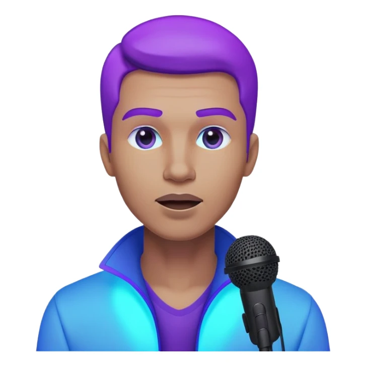 man speaking into a microphone, with neon glow effect, blue neon glow on top left, purple neon glow on bottom right sticker