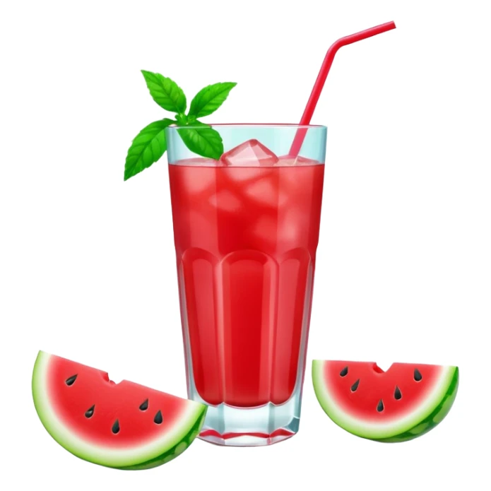 A 3D cartoon glass filled with watermelon juice, ice cubes, mint garnish, bright red color, smooth reflections, soft natural lighting, Memoji-style. sticker