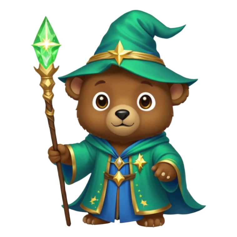 A young bear wizard with a glowing green spell, golden staff and starry blue robes sticker