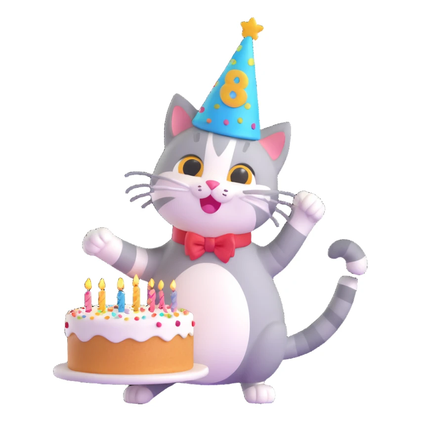 cartoon cat with a birthday hat and cake, celebrating, confetti background sticker