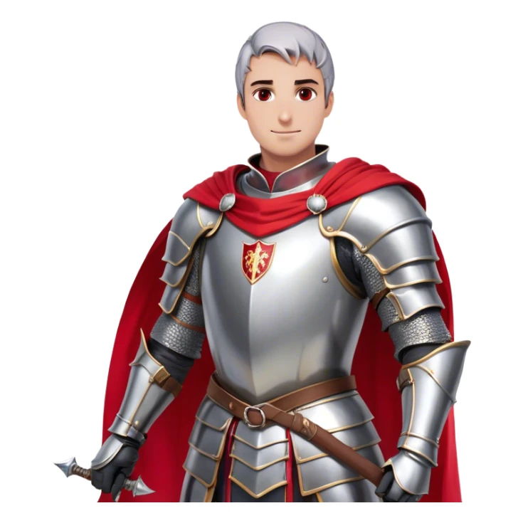 side-view RPG character asset in a clean. The character is a brave knight with exaggerated, rounded features and minimal linework. They wear polished armor in silver tones, with a bright red cape flowing behind them. The face should have large, expressive eyes and a friendly smile that’s clearly visible even from the side view. Keep proportions simple and cartoony. The stance is slightly turned to emphasize the character’s side profile (facing right), with one hand on the hip and the other resting on a sheathed sword at the waist. The colors should be vibrant and easy to read, with smooth shading reminiscent of typical emoji designs. Include two variations: one idle pose and one simple walking pose, each capturing the playful, streamlined look of emoji-like characters. sticker