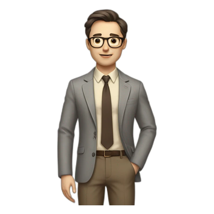 Full height Actively gesturing with hands Pale skinned fit man with dark brown hair in gray jacket, beige office shirt, brown tie, brown pants and vintage glasses. sticker