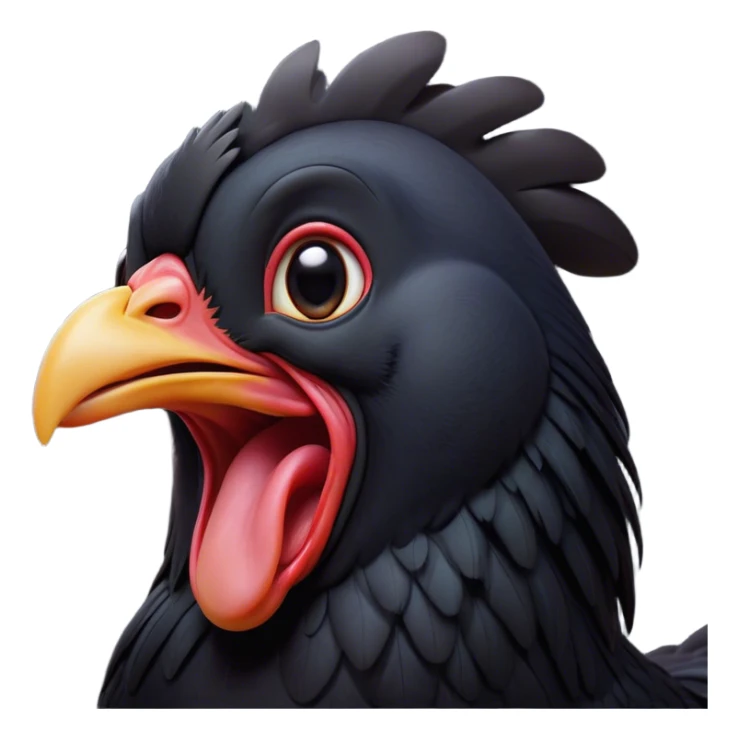 Cinematic Cute Yawning Black Chicken Portrait Emoji, Head tilted slightly with a dramatic, wide-open yawn, showcasing a soft, glossy black plumage with subtle hints of iridescence and a distinctive red comb, floppy wings slightly drooping, round beady eyes barely open in drowsy contentment, Simplified yet irresistibly adorable features, highly detailed, glowing with a soft, cozy glow, high shine, relaxed yet expressive, stylized with a touch of whimsy, bright and endearing, soft glowing outline, capturing the essence of a sleepy yet affectionate chicken, so drowsy it feels like it could stretch out of the screen and curl up for a nap! sticker