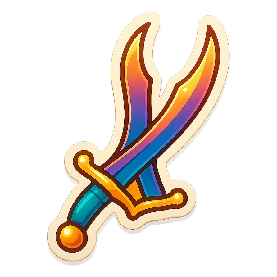 compact colorful Zulfiqar sword emoji with bifurcated split blade and gold accents, designed for messaging apps, no text sticker