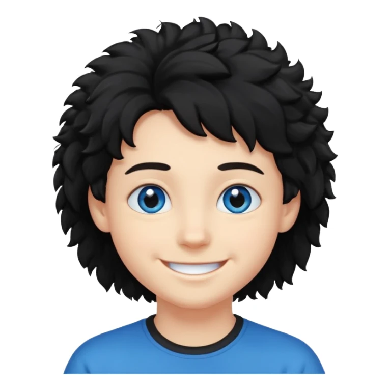 young face, blue eyes, black fluffy hair, smile sticker