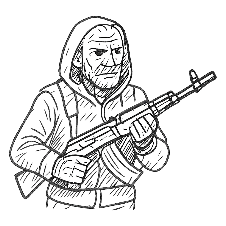 old skinny tough charismatic character from STALKER with a big machine gun sticker