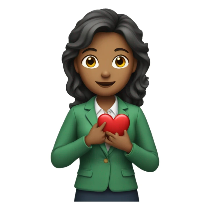 A female teacher in a green jacket holds a heart in her hands sticker