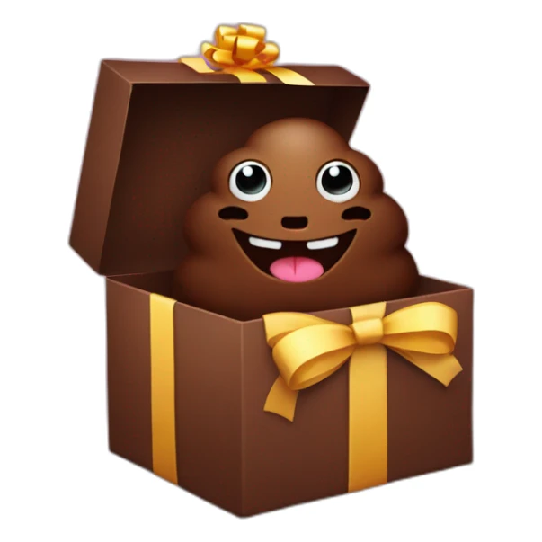 Smiling Dark brown poo inside a gift box with a ribbon sticker