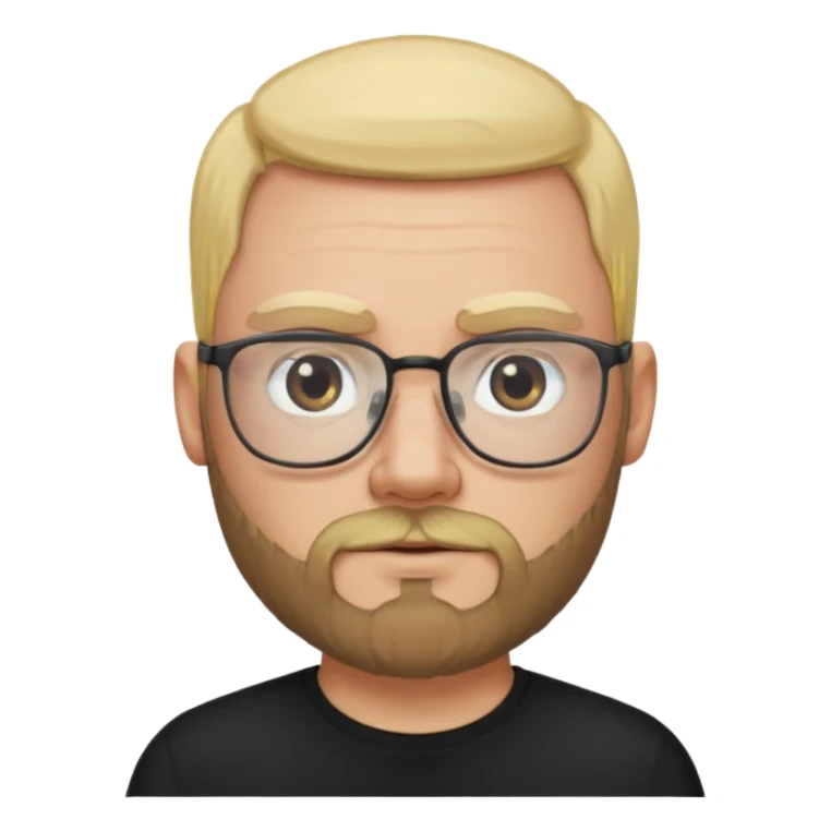 bald blonde bearded man with eyeglasses with black shirt sticker