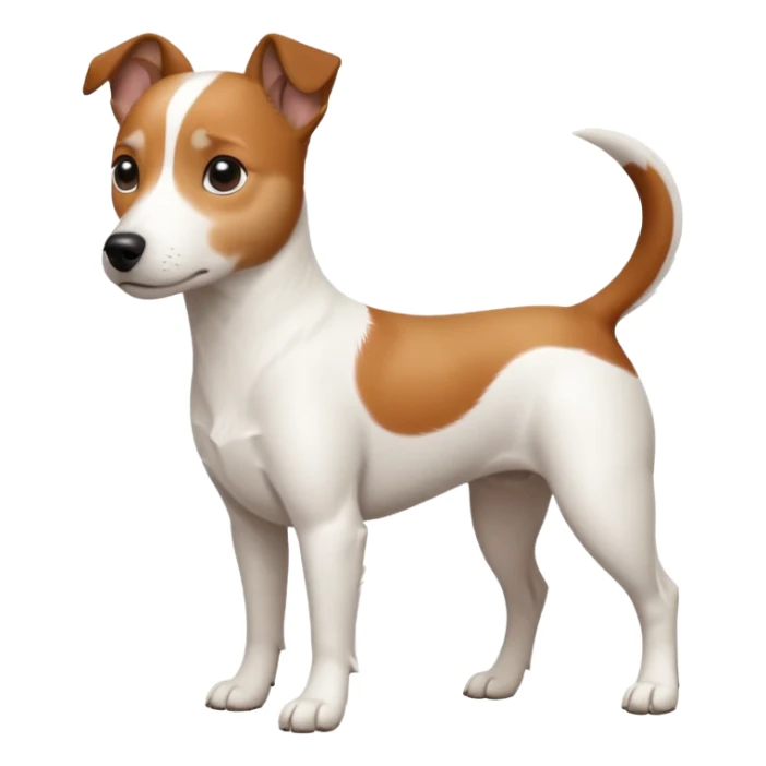 a fully white jack russell the size of a kelpie with a half white face sticker