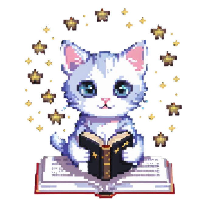 A kitten holding a book with stars in its eyes sticker