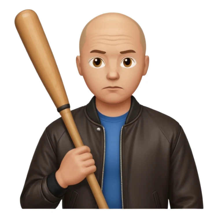 Bald Russian 1990s gangster emoji, leather jacket, , serious face with a bat sticker