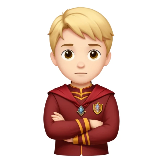A young boy slightly to the side looking forward with crossed arms wearing the Gryffindor uniform sticker