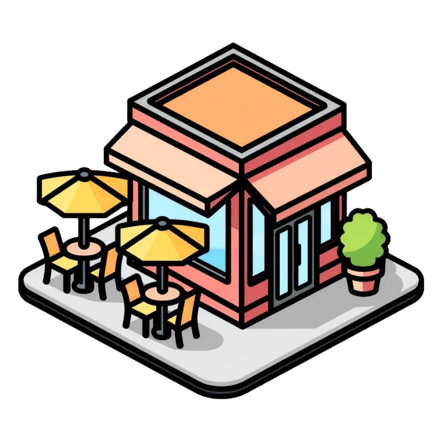 isometric corner cafe shop with outdoor seating and umbrellas sticker
