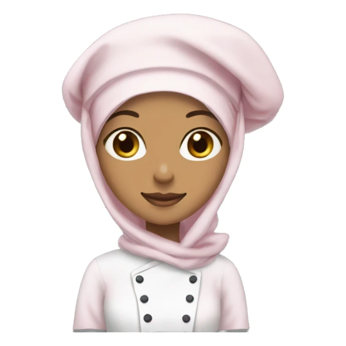 hijabi fair medium skin,  light pink hijab with chef hat on, and white cat sticker
