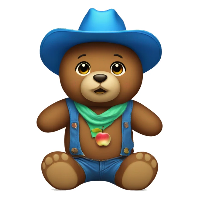 Teddy bear with a blue cowboy hat that looks like an apple emoji sticker
