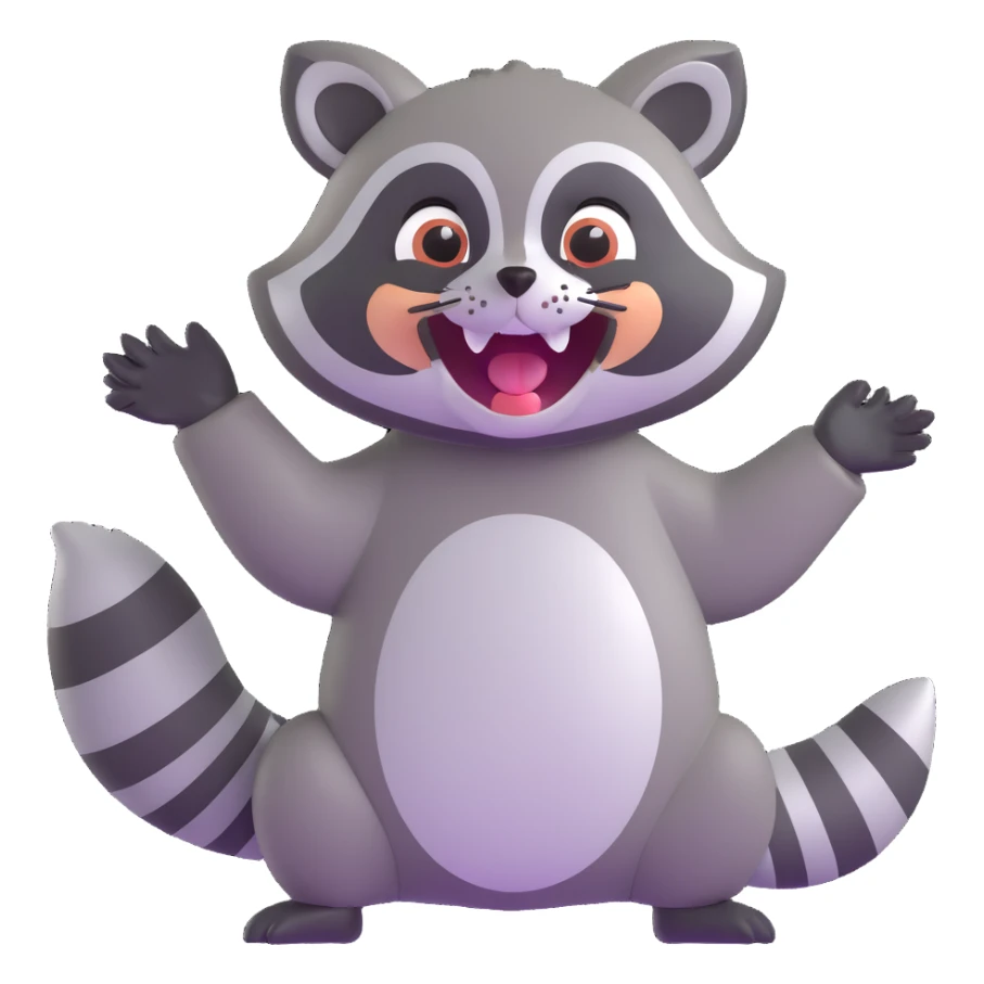 raccoon laughing hard and waving, big expressive eyes, open mouth, energetic pose sticker