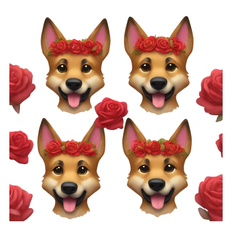 Brindled German shepherd fox carrying glowing red lantern, fairy lights, rose flower crown sticker