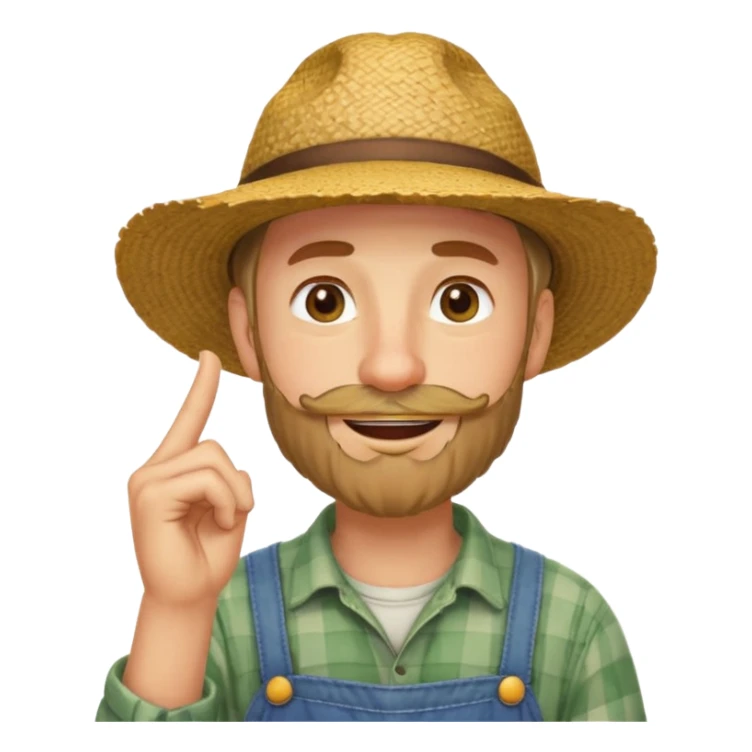 “A single emoji-style character combining 👨‍🌾😄 and 🤔: a smiling farmer man with a straw hat, friendly face, and light beard, holding one hand under his chin in a thinking gesture. His index finger rests under his face, eyes looking slightly upward as if thinking.  sticker