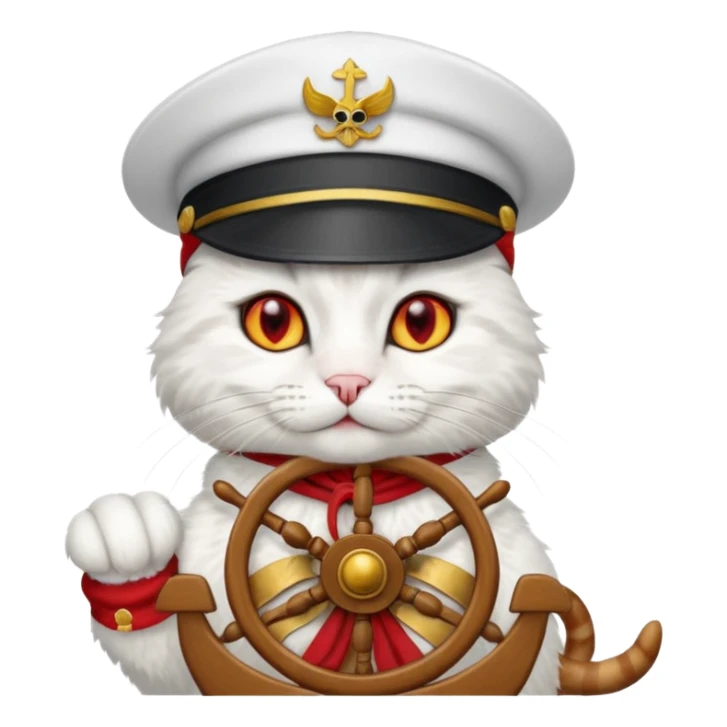 a devlish looking kitty cat at the helm of a catamaran driving it sticker