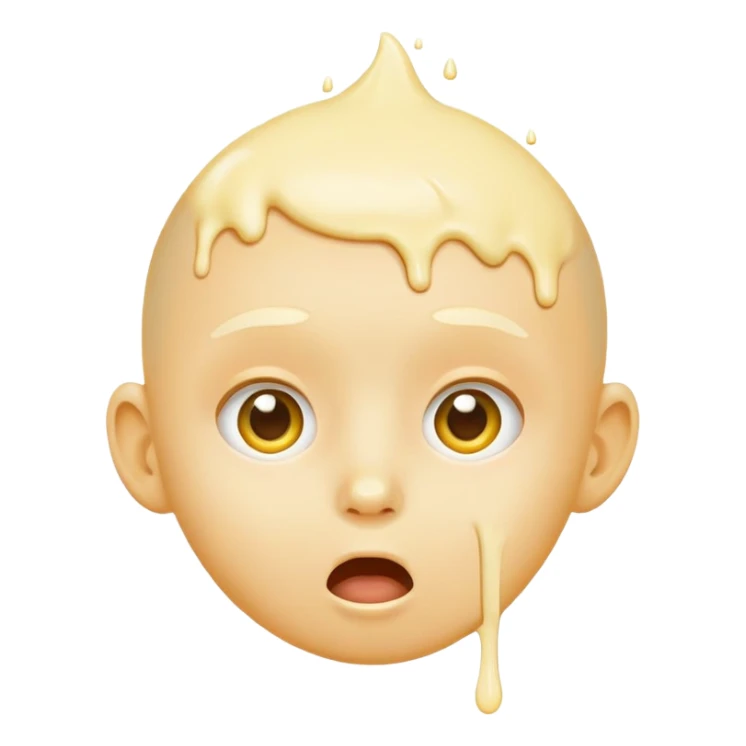 surprised face, classic emoji, 😮, yellow circular, genderless, hairless, white cream dripping from cheeks, white cream in mouth sticker